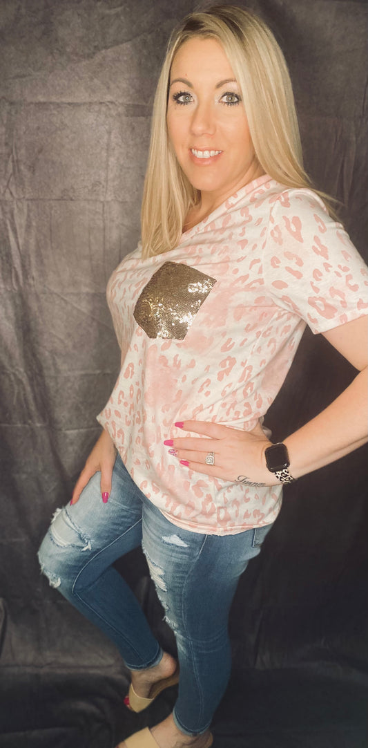 Blush Leopard Print Shirt with Sequin pocket - Sale
